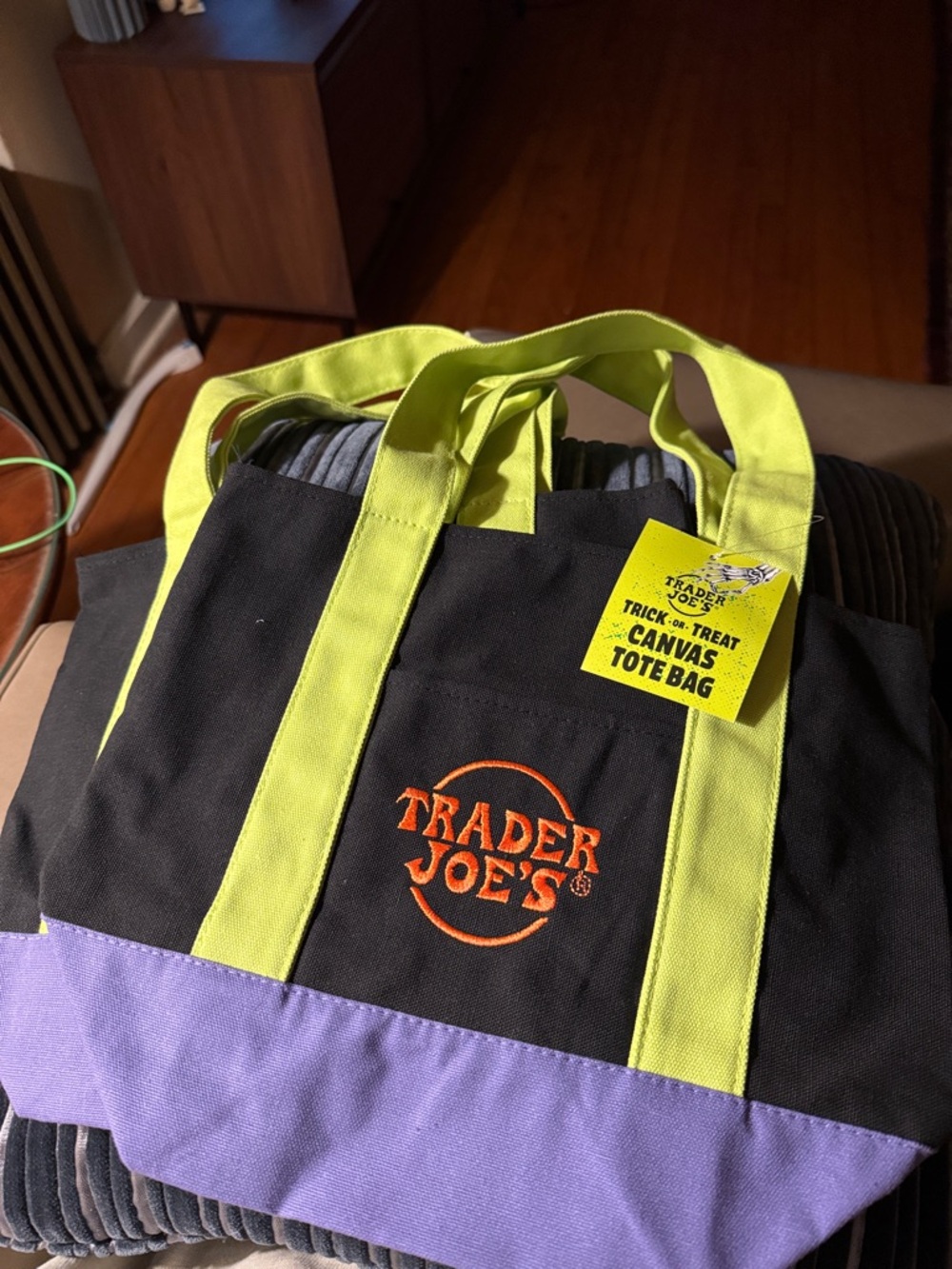 Trader Joe's Canvas mini Tote Bag - Black, Neon Yellow & Lavender (2 available)